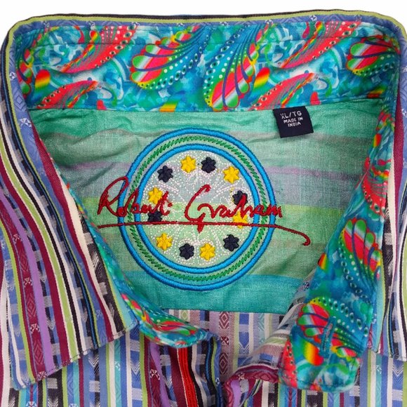 Robert Graham Flip Cuff Button Down Shirt Size XL Long Sleeve Colorful Stripes - Picture 10 of 12